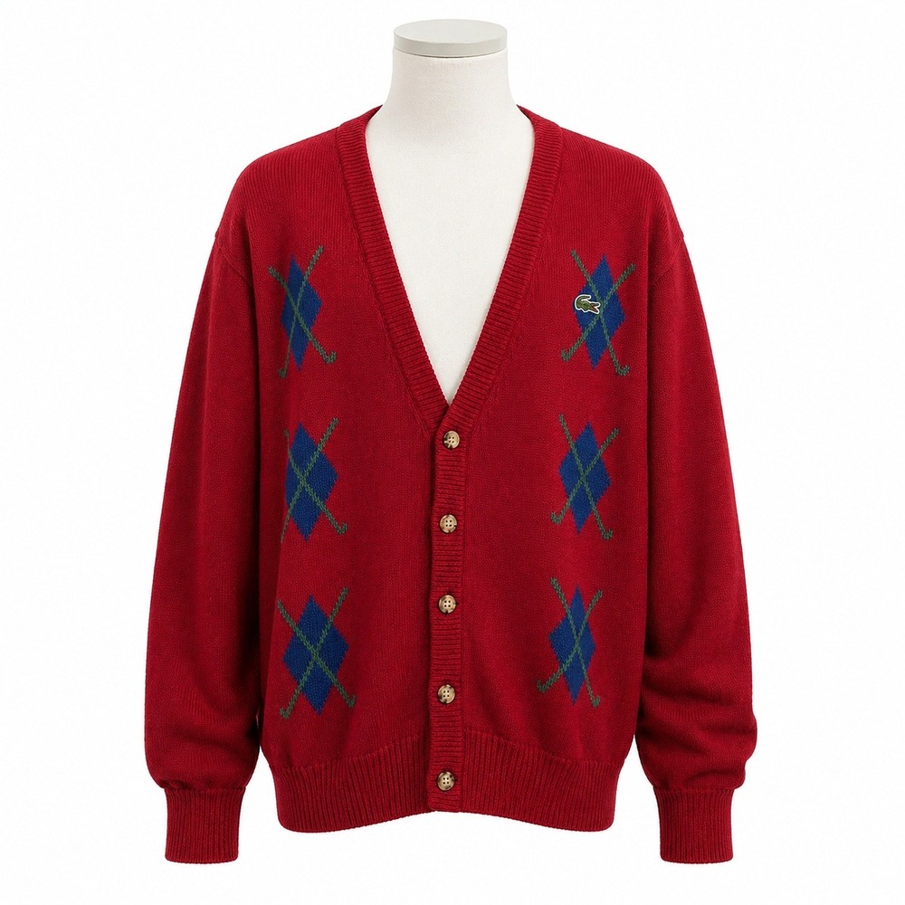 Izod Club Mens Red Argyle Golf Cardigan Sweater Crocodile Hand Intarsia Sz Large
